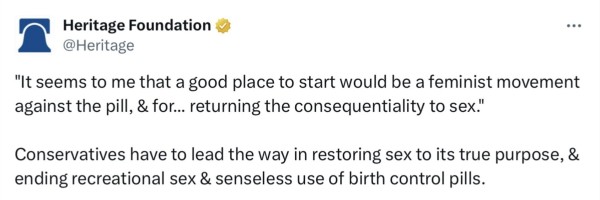 A tweet from the Heritage Foundation:

It seems to me that a good place to start would be a feminist movement against the pill, & for... returning the consequentiality to sex."

Conservatives have to lead the way in restoring sex to its true purpose, & ending recreational sex & senseless use of birth control pills.