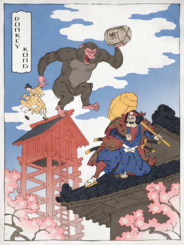 A scene from the Donkey Kong game in a traditional Japanese Ukiyo-e woodblock style.