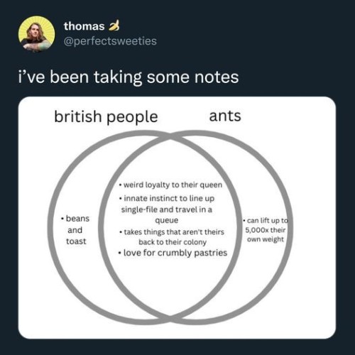 A venn diagram captioned "i've been taking some notes". The venn diagram has two overlapping circles labeled "british people" and "ants" respectively.
british people:
- beans and toast
ants:
- can lift up to 5,000x their own weight
The overlapping areas:
- weird loyalty to their queen/king
- innate instinct to line up single-file and travel in a queue
- takes things that aren't theirs back to their colony
- love for crumbly pastries