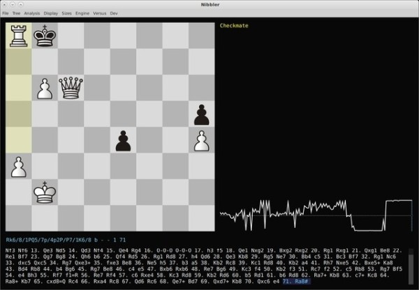 🕶️ A view of its UI (v. 1.5.9), with the chessboard showing a game where Black is checkmated on the left, the AI's reflection graph on the right, and the analyzed positions at the bottom.

📚️ Nibbler is a libre, multi-platform, real-time analysis GUI for Leela Chess Zero (Lc0), which runs Leela in the background and constantly displays current position information. The player can also force the engine to evaluate one or more specific moves. It communicates with the UCI protocol (the most common protocols are CECP aka Winboard/Xboard, and UCI) and can also work with other engines. Nibbler is freely inspired by Lizzie and Sabaki.