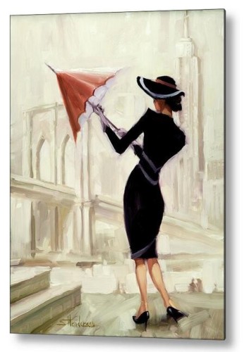 Metal print of an original oil painting depicting a stylish woman in a black dress opening up an umbrella.