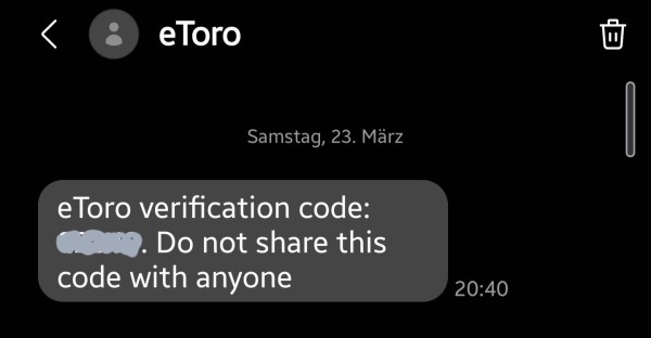 SMS mit eToro verification code