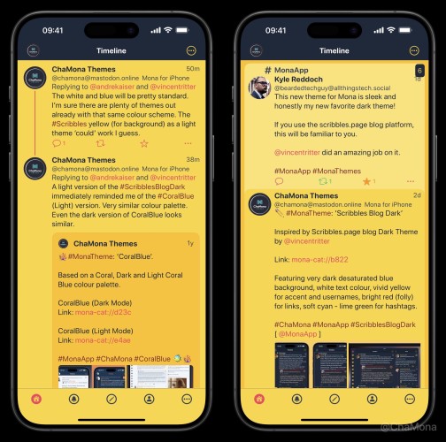 iPhone screenshots of Mona App for Mastodon custom theme called ‘Scribbles Blog Light’: Featuring bright yellow background, very desaturated blue text colour, bright red (folly) accent and link colours, dark moderate red for hashtags.