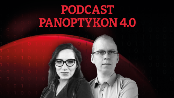 Okładka podcastu Panoptykon 4.0. 
Czerwony tytuł: Podcast Panoptykon 4.0
Zdjęcia prowadzących: Katarzyny Szymielewicz i Wojciech Klickiego.
