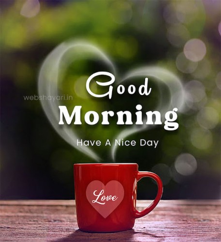 The image features a red mug with a heart and the word "Love" on it, placed on a surface with a blurred green background that suggests foliage. Above the mug, the text "Good Morning" is written in a large, elegant white font, and below it, in a smaller font, it says "Have A Nice Day". There's a subtle heart-shaped bokeh effect in the background.