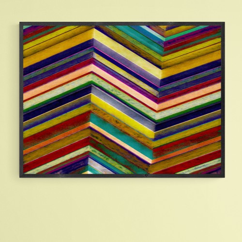 Shown on a wall: No. 423, new work from contemporary artist/photographer Jon Woodhams. Bright and deep colors are arranged in multicolored, textured stripes arranged in an asymmetrical zig-zagging chevron pattern in this abstract work.