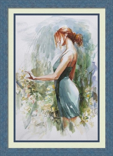 Framed print of an original watercolor painting depicting a young woman stopping to touch the flowers in a garden.