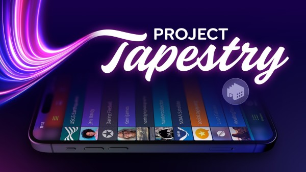 iPhone with a timeline showing posts from a variety of sources including blogs, social media, and other feeds. Text reads "Project Tapestry" and the Iconfactory logo - a stylized silhouette of a factory in a circle - sits below.