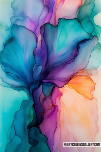 Colorful floral abstract artwork of an iris in colors of blue, purple, magenta and orange, by artist Peggy Collins.