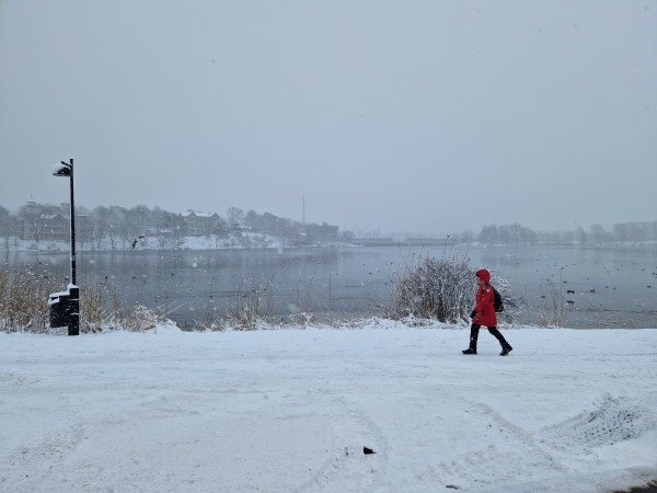 As the snow falls, a woman in red walks along a white snowy path in front of a grey bay, under a flat grey sky.