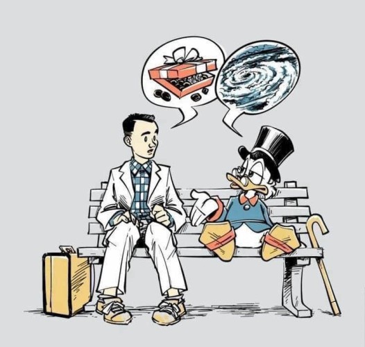 Comic showing Forrest Gump and Scrooge McDuck on a park bench. Forrest says “box of chocolates” with a pictogram, and Scrooge replies with a hurricane pictogram.