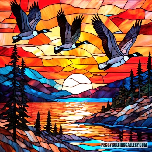 Colorful artwork of a flock of Canada geese flying over the ocean and mountains at sunset, all with a stained glass look, by artist Peggy Collins.