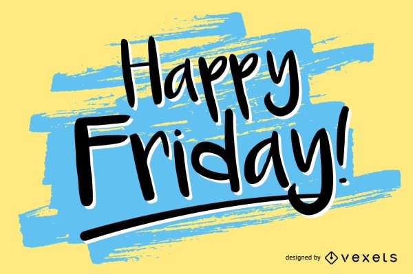 The image has a bright yellow background with a large, irregular patch of sky blue paint brushed across it. Overlaid on top of the blue paint in bold, playful black lettering is the phrase "Happy Friday!" The text has a casual, handwritten feel. In the bottom right corner, there's a small logo and the text "designed by Vexels".