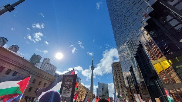 Photo of the sky and the CN Tower, with Palestinian Flags in the foreground 