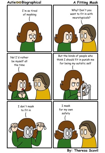 Alt text by the author of the comic Teresa Scovil

A six panel comic of Honeydew complaining about masking. The comic is titled "A Fitting Mask" and is made by Theresa Scovil.

Panel 1:
Honeydew looks tired as they say "I'm so tired of masking."
Panel 2:
A person comes up, looking confused, and asks "Why? Don't you want to fit in with neurotypicals?"
Honeydew looks annoyed.
Panel 3:
Honeydew looks angry as they gesture to themself and says "No! I'd rather be myself all the time."
The person looks shocked.
Panel 4:
Honeydew takes out their metaphorical mask, a grey smiling face, as they look away, annoyed, and says "But the kinds of people who think I should fit in punish me for being my autistic self."
Panel 5:
Honeydew secures their mask over their face as they say "I don't mask to fit in."
Panel 6:
Honeydew says "I mask for my own safety."
The person looks sad.