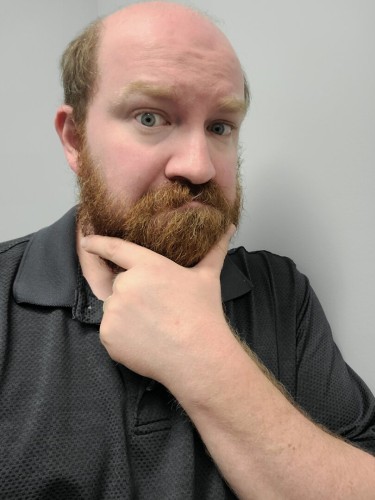 Selfie of a balding, white man with a thick reddish beard looking quizzical with his hand up to his chin. He is wearing a black polo shirt.