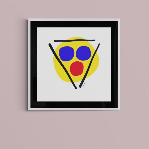 Shown on a wall: Chroma Number 3, new abstract art by contemporary artist/photographer Jon Woodhams. A yellow circle is overlaid with three tapering black lines in a triangle, surrounding two blue and one red circle superimposed on the yellow circle.