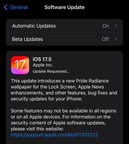 Screenshot of an iOS software update screen showing the availability of iOS 17.5 update with a description of new features including a Pride Radiance wallpaper, Apple News enhancements, and security updates.