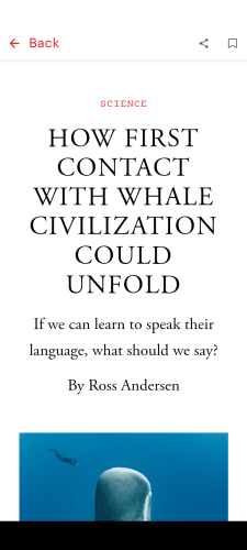 A screenshot of an article headline from The Atlantic reads "How Contact with Whale Civilization Could Unfold. If we learn to speak their language what should we say?"