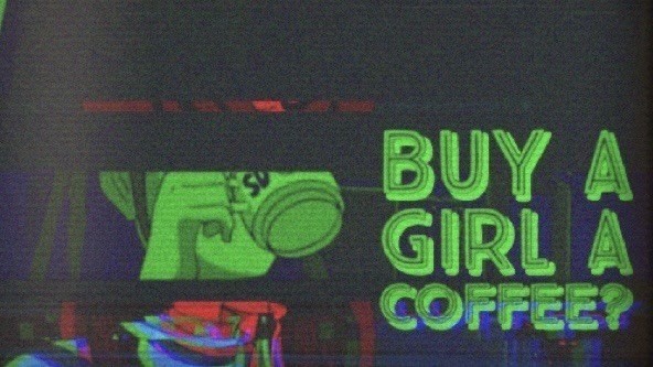 Glitchy image of a text saying "BUY A GIRL A COFFEE?" with distortions and color shifts.