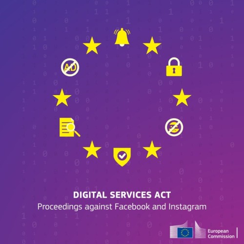 A visual with a table surrounded by the stars of the EU flags, in which some have been replaced with an open lock, and a shield, a document with a magnifying glass and a bell. Below is the text “Digital Services Act: Proceedings against Facebook and Instagram". At the bottom is the European Commission’s logo.
