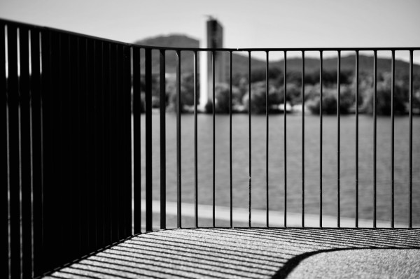 Black and white image looking through a metal railing across a lake.  A tall structure is visible through the railings on the other side of the lake.