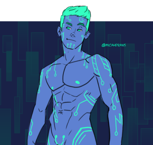 Cropped illustration of the android character Impulse-16 naked against a dark blue and green background