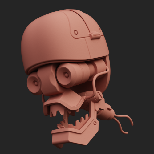 Clay rendering of a skull-like robot head model.