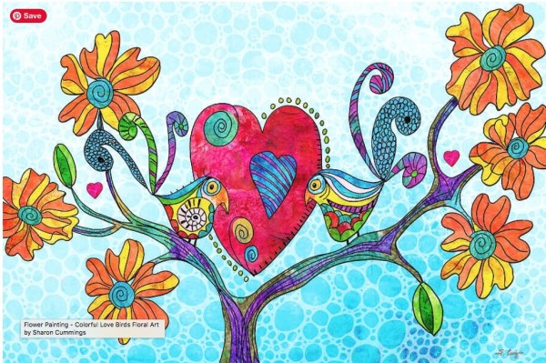 Colorful love birds in a tree covered in orange and yellow flowers.  Hand drawn art by artist Sharon Cummings.