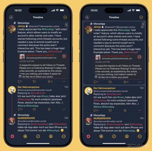 iPhone screenshots of Mona App for Mastodon custom theme called ‘Scribbles Blog Dark’: Featuring very dark desaturated blue background, white text colour, vivid yellow for accent and usernames, bright red (folly) for links, soft cyan - lime green for hashtags.