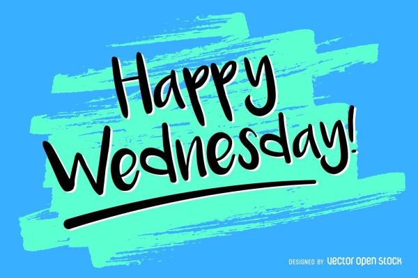 The image has a bright blue background with a large, light green brushstroke across the middle. Over the brushstroke, in bold, black, playful letters with a white outline, it says "Happy Wednesday!" There is a black underline beneath the word "Wednesday." In the bottom right corner, in smaller white text, it says "Designed by Vector Open Stock."