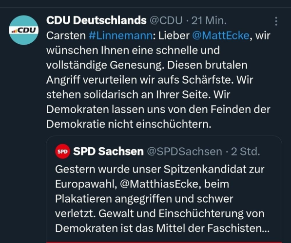 Die heuchlerische Distanzierung des CDU-Generalsekretärs Linnemann vom faschistischen Prügelangriff auf den SPD-Spitzenkandidaten zur Europawahl, Matthias Ecke.