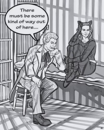 A cartoon of two people in a jail. One is Cesar Romero’s version of the Joker from the Batman TV series. The other is Julie Newmar’s Catwoman who is known for purloining things she wants.

He is leaning on his elbow, she has her legs pulled up close to her torso with her arms around them. They both seem very frustrated.

He is speaking and says, “There must be some kind of way out of here…” 

Hint: This is a Bob Dylan reference.