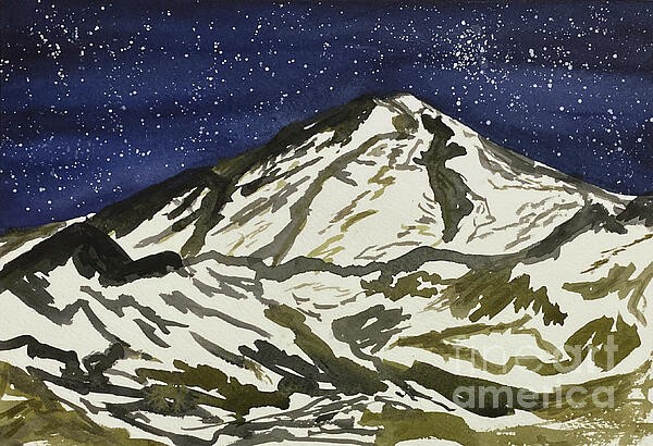 This watercolor painting of Mount Baker features a snow covered mountain under a starry night sky.