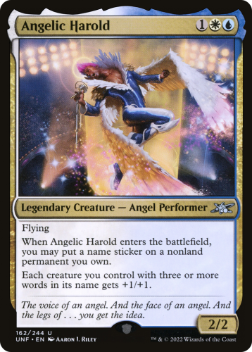 A Magic: the Gathering card called "Angelic Harold" depicting an angel named Harold singing.
