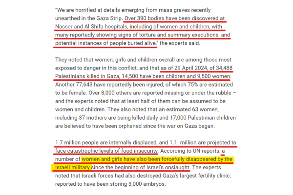 Text:
“We are horrified at details emerging from mass graves recently unearthed in the Gaza Strip. Over 390 bodies have been discovered at Nasser and Al Shifa hospitals, including of women and children, with many reportedly showing signs of torture and summary executions, and potential instances of people buried alive,” the experts said.

They noted that women, girls and children overall are among those most exposed to danger in this conflict, and that as of 29 April 2024, of 34,488 Palestinians killed in Gaza, 14,500 have been children and 9,500 women. Another 77,643 have reportedly been injured, of which 75% are estimated to be female. Over 8,000 others are reported missing or under the rubble – and the experts noted that at least half of them can be assumed to be women and children. They also noted that an estimated 63 women, including 37 mothers are being killed daily and 17,000 Palestinian children are believed to have been orphaned since the war on Gaza began.

1.7 million people are internally displaced, and 1.1. million are projected to face catastrophic levels of food insecurity. According to UN reports, a number of women and girls have also been forcefully disappeared by the Israeli military since the beginning of Israel’s onslaught. The experts noted that Israeli forces had also destroyed Gaza’s largest fertility clinic, reported to have been storing 3,000 embryos.