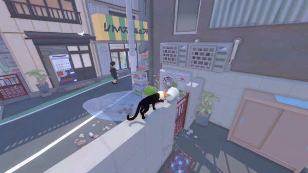 Screenshot from Little Kitty, Big City. Shows a cat knocking a plant pot over.