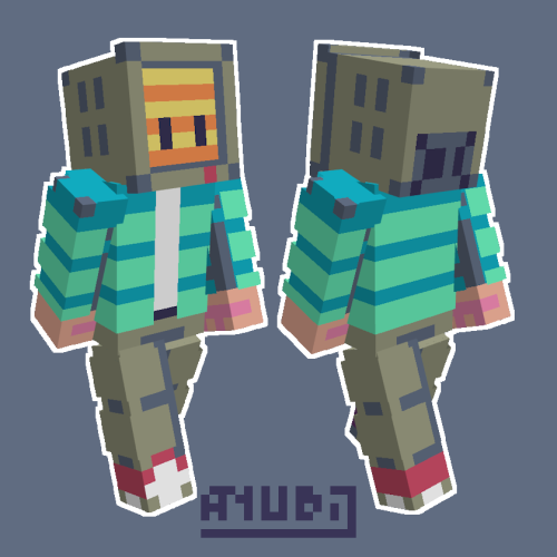 A Minecraft Skin featuring a character with a TV/Monitor Screen Head, which has yellow and orange lines on its screen. They're wearing a blueish jacket and gray pants, along with some red and white shoes.