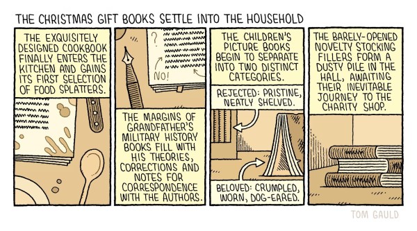 Cartoon about how various books get treated.  The useful ones get stained and dog-eared, whereas the ones nobody reads or wants remain in immaculate condition.