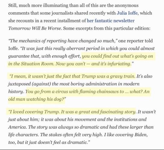 Long screenshot. The meaningful bit is a quote from an anonymous journalist complaining first that “You go from a circus with flaming chainsaws (Trump administration) to… what? An old man watching his dog? (Biden). I loved covering Trump. It was a great and fascinating story”