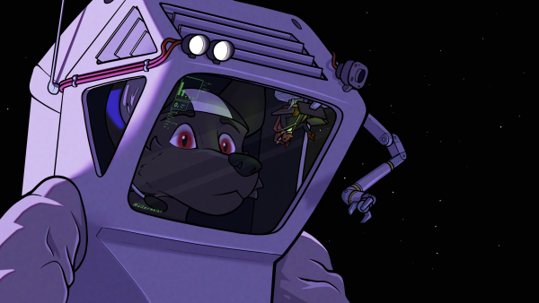 Digital drawing of a furry in a spacesuit that doubles as a spaceship for a micro furry also within the helmet of the suit. 