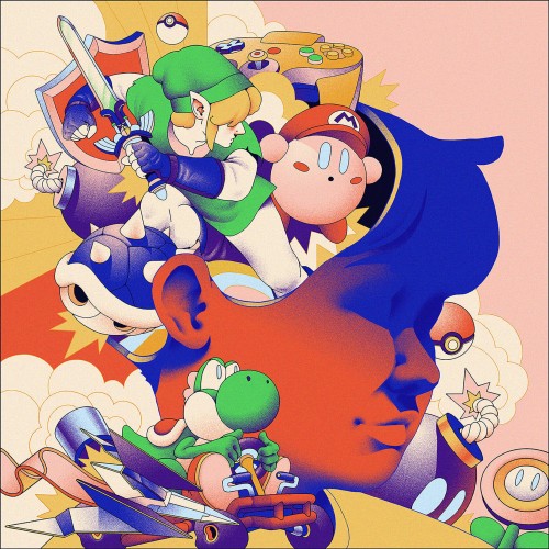 An illustration featuring several Nintendo characters, including Link from the Legend of Zelda, Kirby and Yoshi.