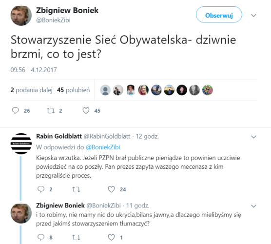 Grafika jest screenem wpisu Zbigniewa Bońka na portalu X z grudnia 2017 roku, który brzmi: Stowarzyszenie Sieć Obywatelska - dziwnie brzmi, co to jest?