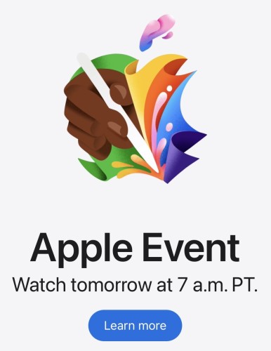 Apple home page showing animated hand holding Apple Pencil in shape on an Apple