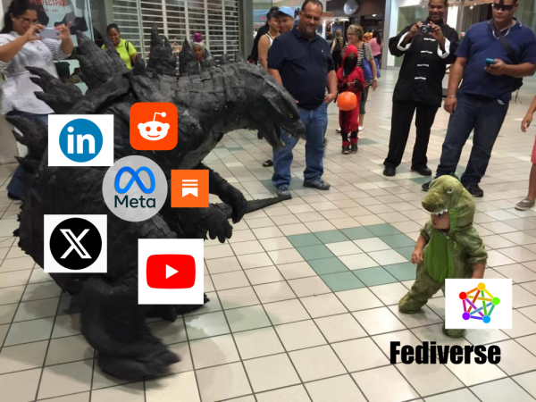 A little kid in a cute godzilla costume with the logo fediverse in front of a big godzilla costume with the logos of linkedin, redit, meta, substack, x and youtube.