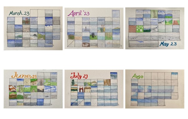 Calendars of the months March through August 2023. Each day is painted separately in watercolor, some with pencil and spots of white gouache. Most are blue sky and blue water, but there are also days in a row of grey fog, lines of pelicans flying above the water, and places with trees, scenes in San Francisco, and views of airplane wings. 