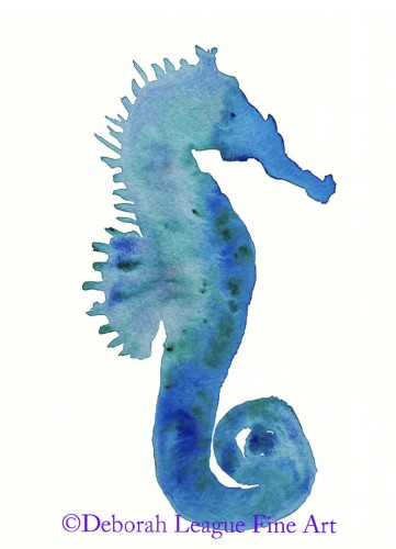 Spiny Seahorse In Blue Watercolor Painting. Side view of a blue and green Hippocampus Histrix in silhouette. Colorful, costal fish painting.