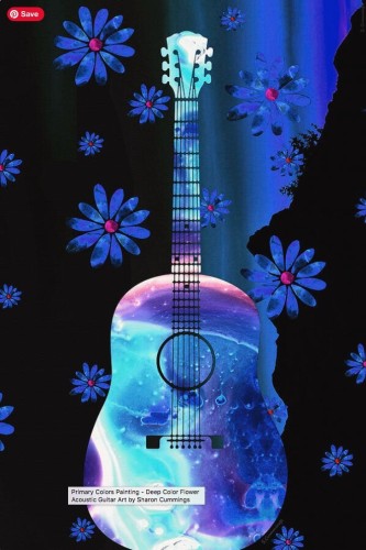 Colorful blue and aqua acoustic guitar with blue daisies by artist Sharon Cummings.