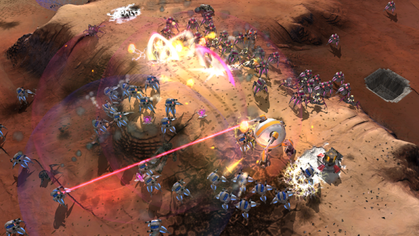 🕶️ A bird's-eye view of a desert region where battle rages between various ground robot units belonging to 2 opposing factions (blue vs. purple). Laser fire mingles with a force field.

📚️ Zero-K is a libre, multi-platform, single-player / multi-player RTS game with a sci-fi theme, a simple economy based on metal & energy, and featuring classic gameplay (4X for map supremacy) or tower defense (vs. increasingly powerful waves of monsters). The player starts with a mecha, extracts resources, builds his army and faces adversity on land, air & sea. A mature game designed by and for gamers, with 70+ missions, 100+ units, a clear interface, and an accomplished lobby client (solo/multi up to 32 players, co-op vs. other players and/or AIs, PVP, campaigns, content & player rating, content loading, fine tuning, ...). Fantastic!