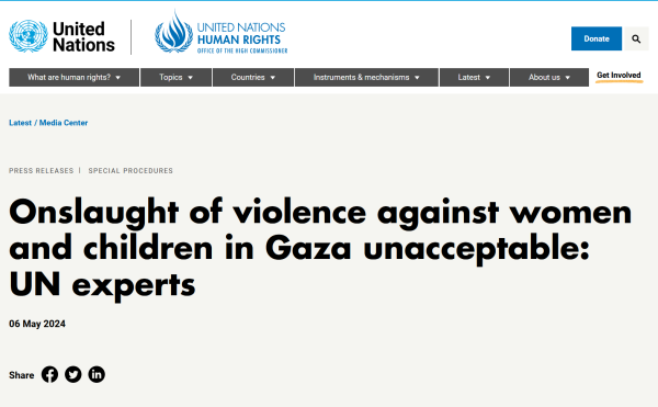 UN press release headline:

United Nations logo
OHCHR Logo 

Press releases | Special Procedures

Onslaught of violence against women and children in Gaza unacceptable: UN experts

06 May 2024